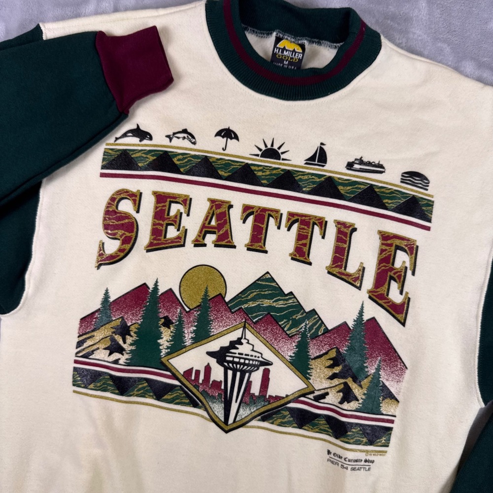 Vintage HL Miller Gold Seattle Colorblock Sweatshirt Green Cream 90s USA Mens M